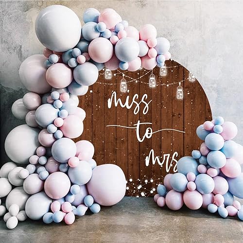 Miniatura 3 de Laeacco Telón de fondo redondo de madera rústica de 6.5 x 6.5 pies, tira de luces de arco de fondo blanco, telón de fondo de arco para despedida de