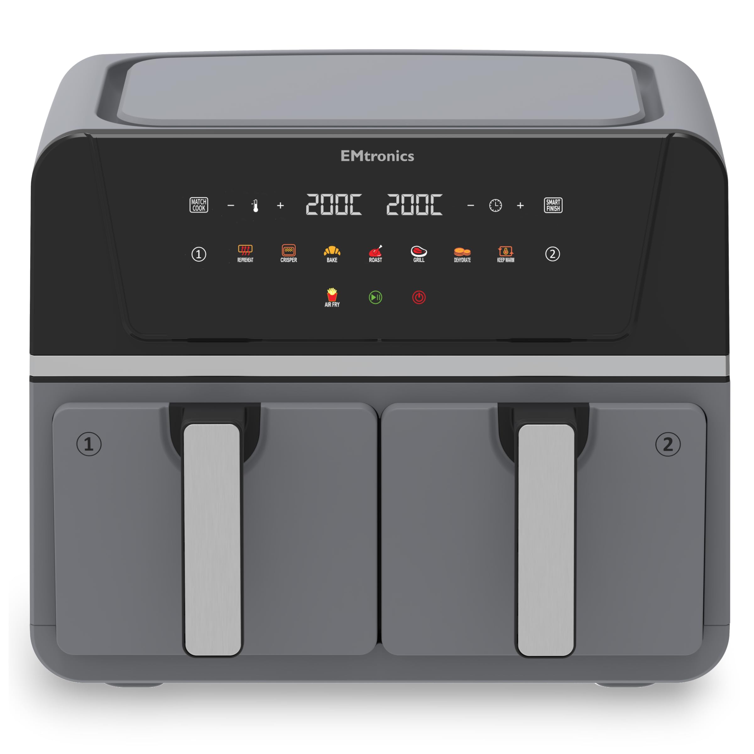 EMtronics 9L Dual Zone Air Fryer 2400W Family Size, 8 Preset Cooking Mode, Match Cook & Smart Finish Functions, 9 Litre - Grey