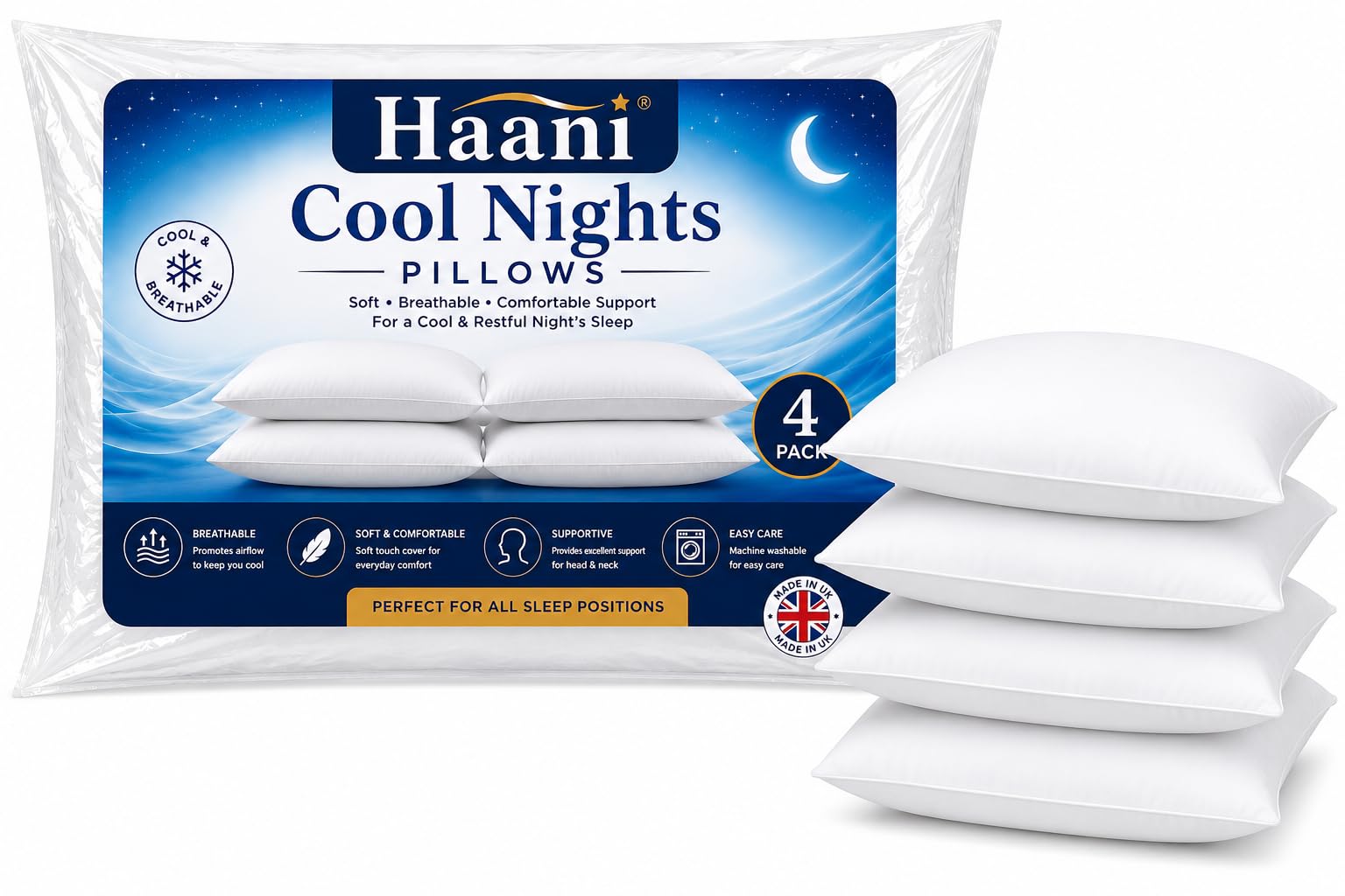 Haani Summer Night Pillows Pack of 2/4, Made in UK, Breathable Soft Bed Pillows, Comfortable Sleeping Pillows, Head & Neck Support, Hotel Quality, Standard Size 74cm x 48cm (Pack of 4)