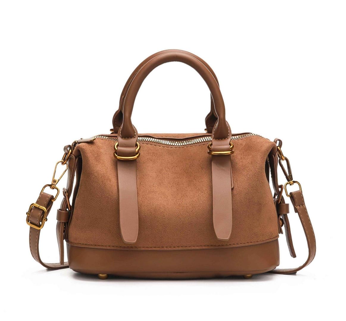 Women's Suede Leather Handbag with Crossbody Strap, Brown-image-36
