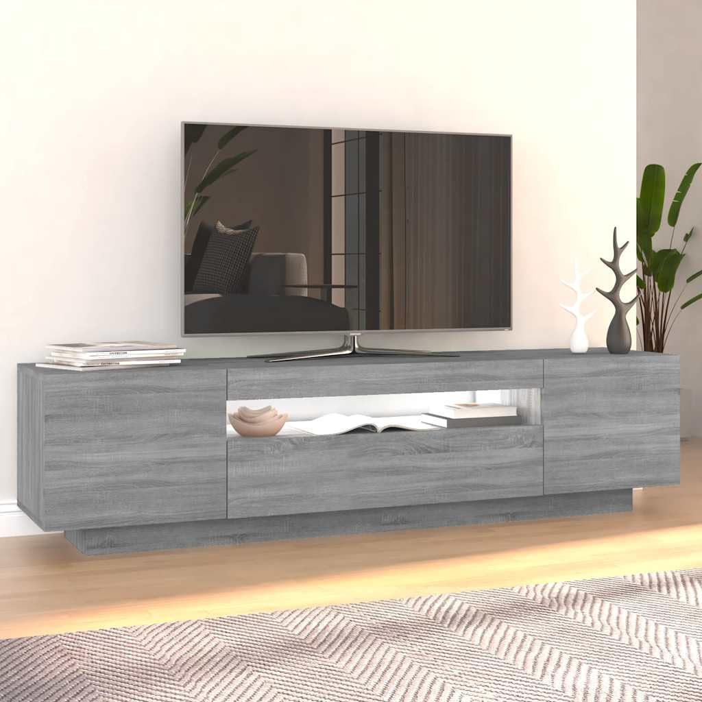 Szafka Pod Telewizor z Oświetleniem LED, Drewno Konstrukcyjne, Nowoczesna Szafka Pod Telewizor z 3 Drzwiami do Odtwarzaczy DVD i Konsoli do Gier itp, 160 X 35 X 40 cm (Szara sonoma)