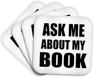 3dRose Ask me About My Book - Advertise Your Writing - Writer Author self-Promotion - Promote Advertising Set of 4 Coasters - Cork