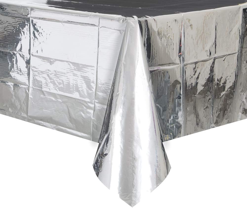 Unique Party 50410 - Foil Silver Plastic Tablecloth, 9Ft X 4.5Ft