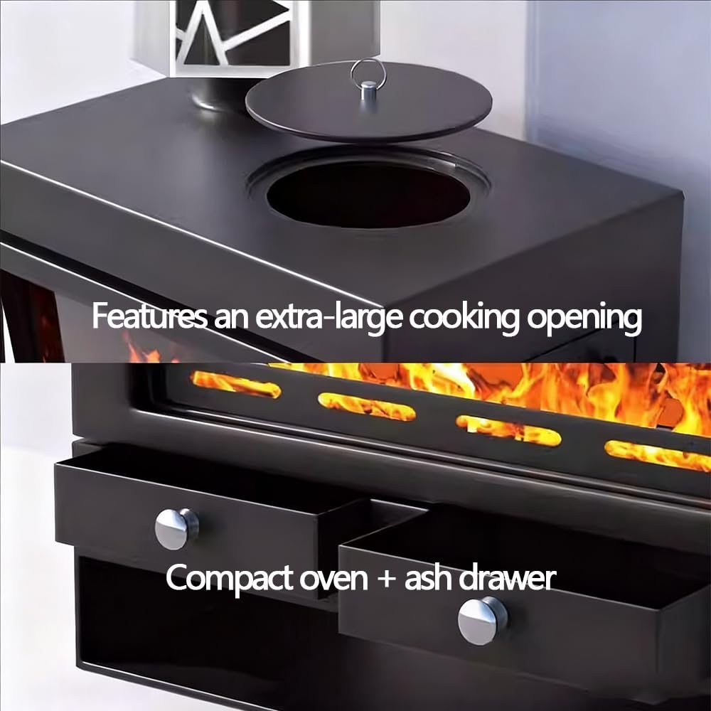 Stufa a Legna 8kW, Rendimento 85% per 120 m³, RRØ 100mm,Stahlofen mit Verglasung,Rivestimento Refrattario,für Jede Wohnung & Zuhause