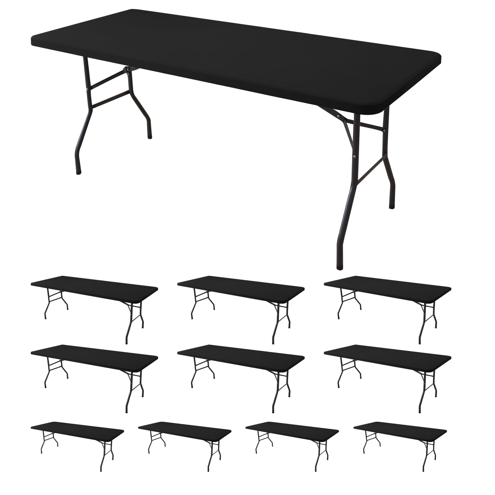 Mantel ajustable para mesas rectangulares de 8 pies, paquete de 10 unidades, color negro, elástico, plegable, de elastano, para camping, comedor, patio, cocina, banquete y fiesta