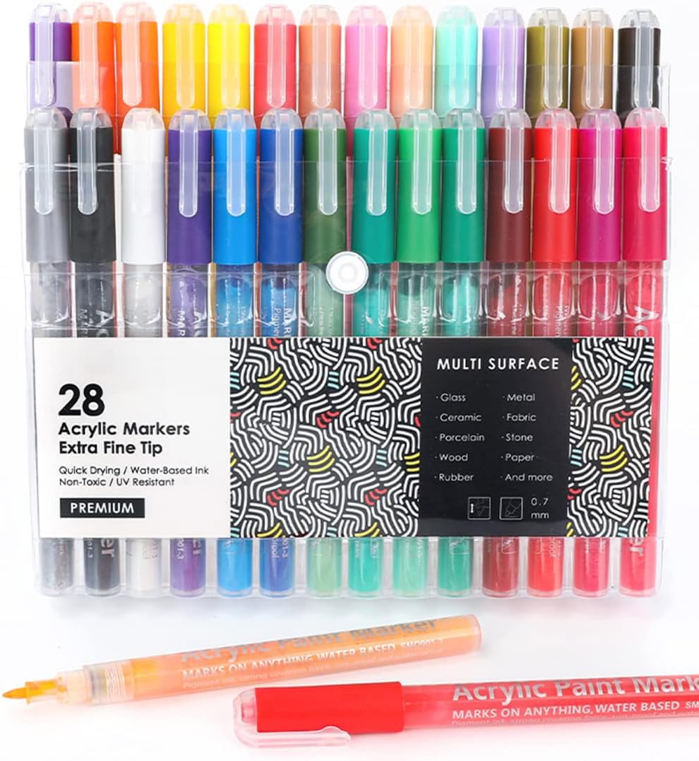 Acrylic Paint Pens, Acrylic Paint Markers, 28 Colors, 0.7 mm, Extra Fine Tip Paint Markers, Premium Paint Pens for Painting on Various Surface, Acrylic Paint Set, Art Supplies for Acrylic Paint