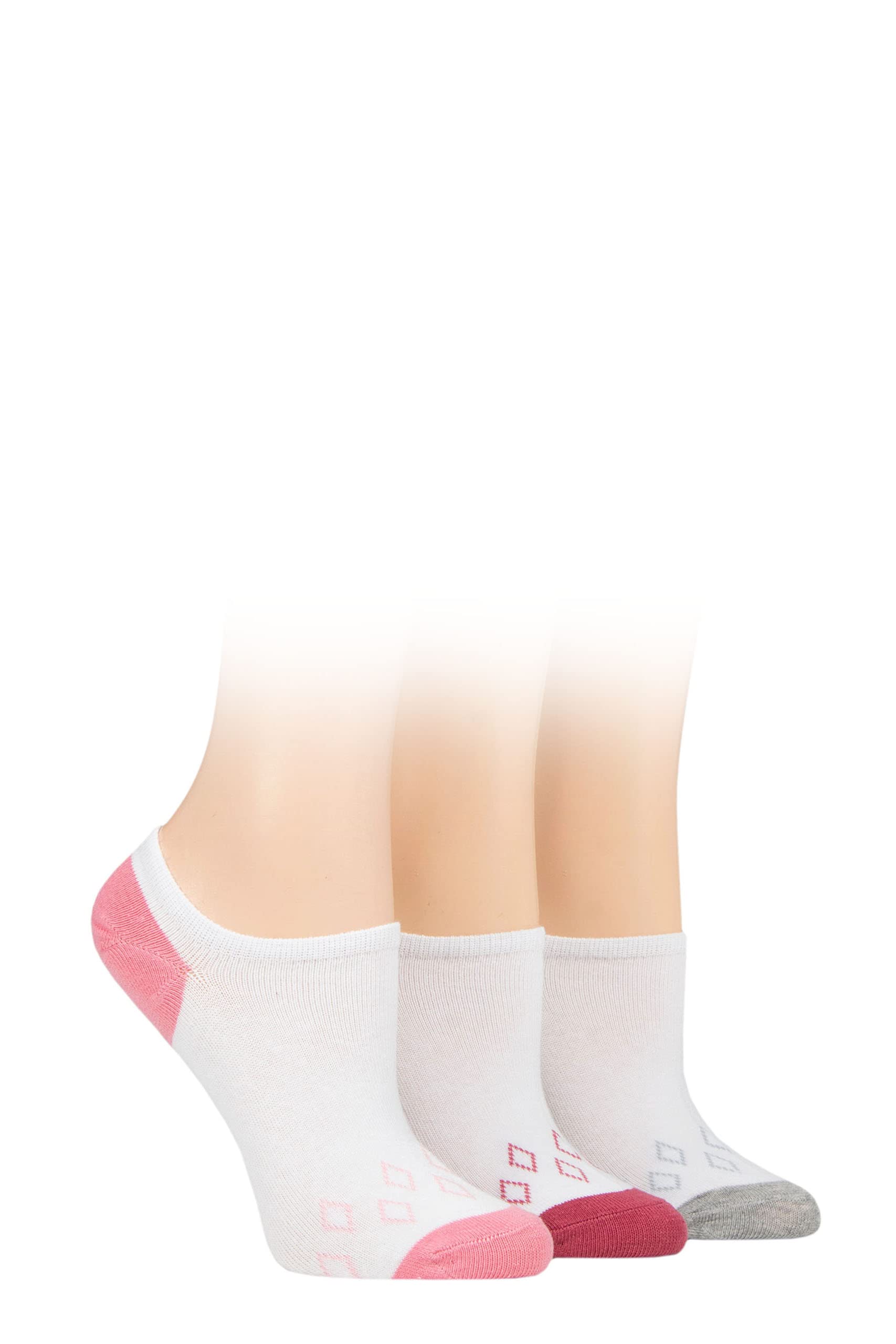 Pringle Of Scotland Women's White Pink / Grey Diamonds Pringle Plain Cotton Secret Socks Pack Of 3 White Pink/Grey Diamonds 4-8