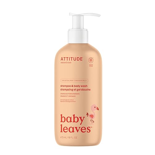 ATTITUDE Champú y gel de baño 2 en 1 para bebé, verificado por EWG, dermatológicamente probado, vegano, naranja y granada, 16 onzas líquidas