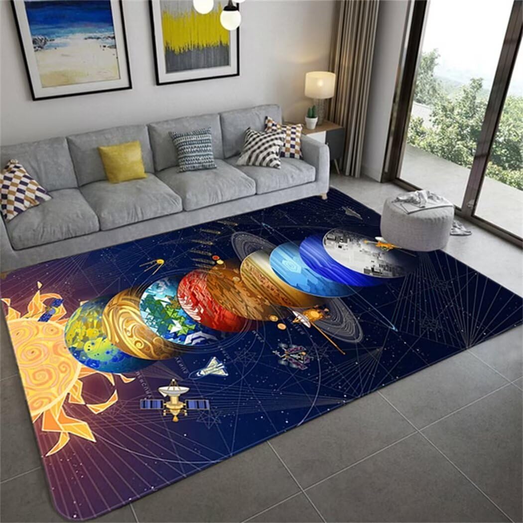 Tapis bleu salon 200X250cm lavable en machine imprimé planète dessin animé
