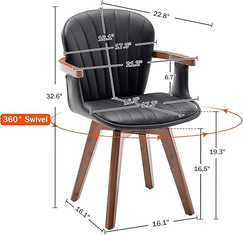 Miniatura 2 de LUNLING Sillas de comedor giratorias, sillas de cocina modernas de cuero sintético negro de mediados de siglo con brazos, patas de bambú, sillas