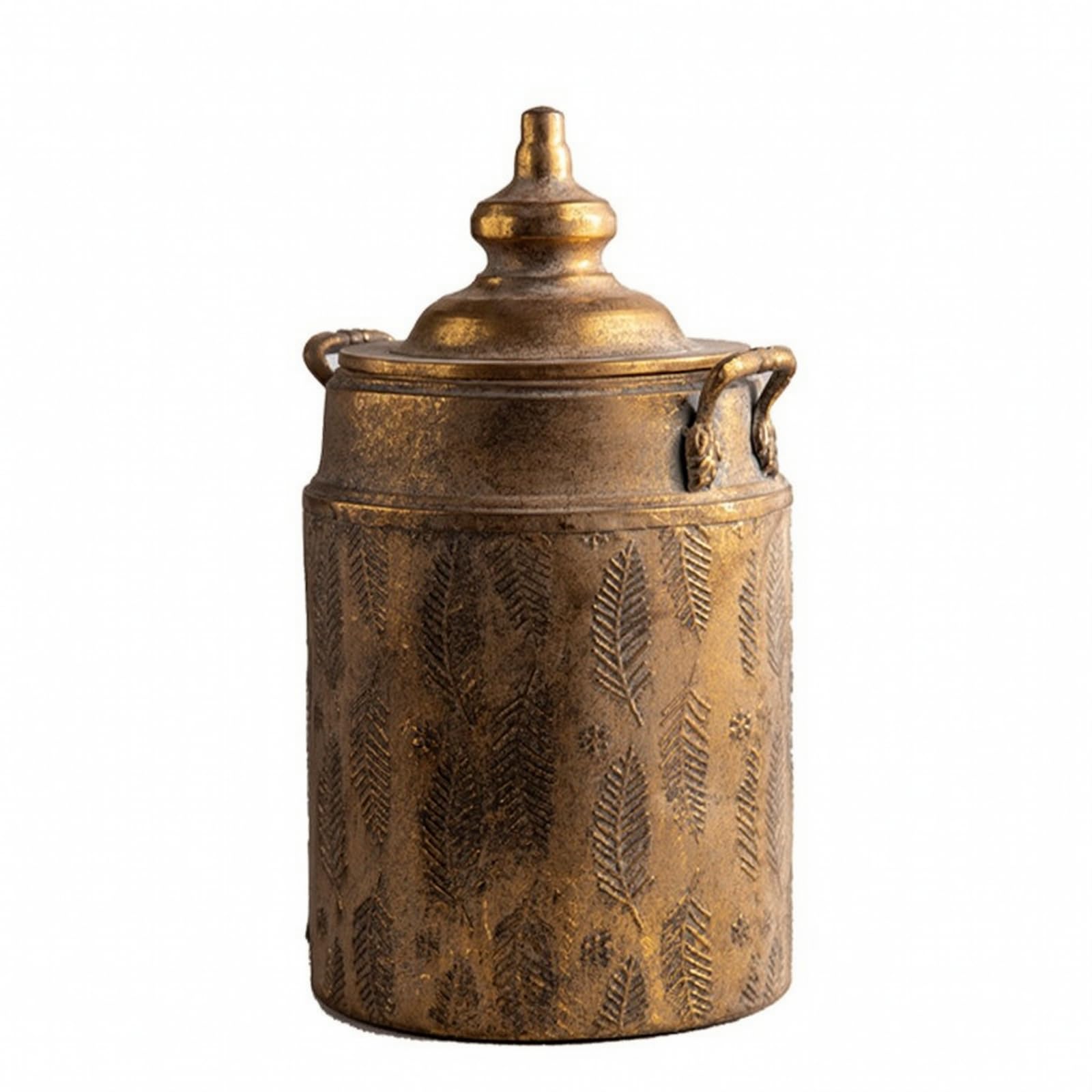 Vaso Decorativo in Metallo Vaso Ornamento Jarra Lidded con Coperchio Piccolo Decoro Foglia in Rilievo Manico Presa Laterale Antico Stile Country, A2836