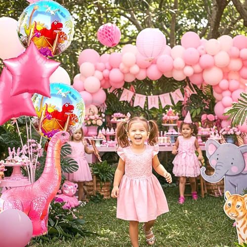 Image of Propsicle Foil Pink Dinosaur Balloon Set, Jurassic Theme Happy Birthdfay Party Decorations, Pack of 5 Balloons