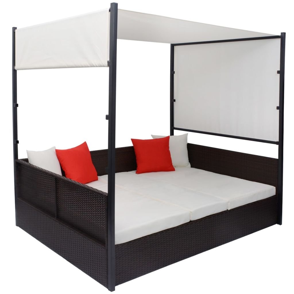 vidaXL Lit Double à Baldaquin d'Extérieur Poly Rotin Marron Bain de Soleil