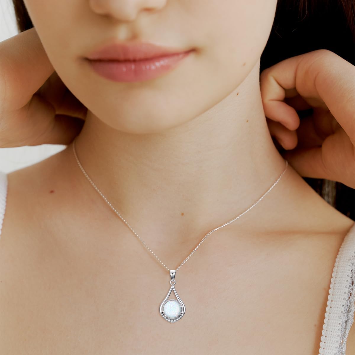 925 Sterling Silver Opal Necklace for Women White Opal with Genuine Diamond Pendant Necklace, Chain 16"+2" Extend - Image 2
