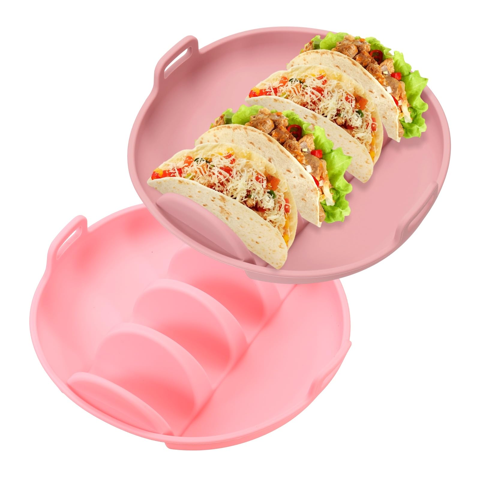 Muiltvoe 2 Pcs Taco Holder, Silicone Taco Plates with Dividers Reusable Serving Tray Plates with Handle for Party Dishwasher & Microwave Safe, (Pink/Light Blue)