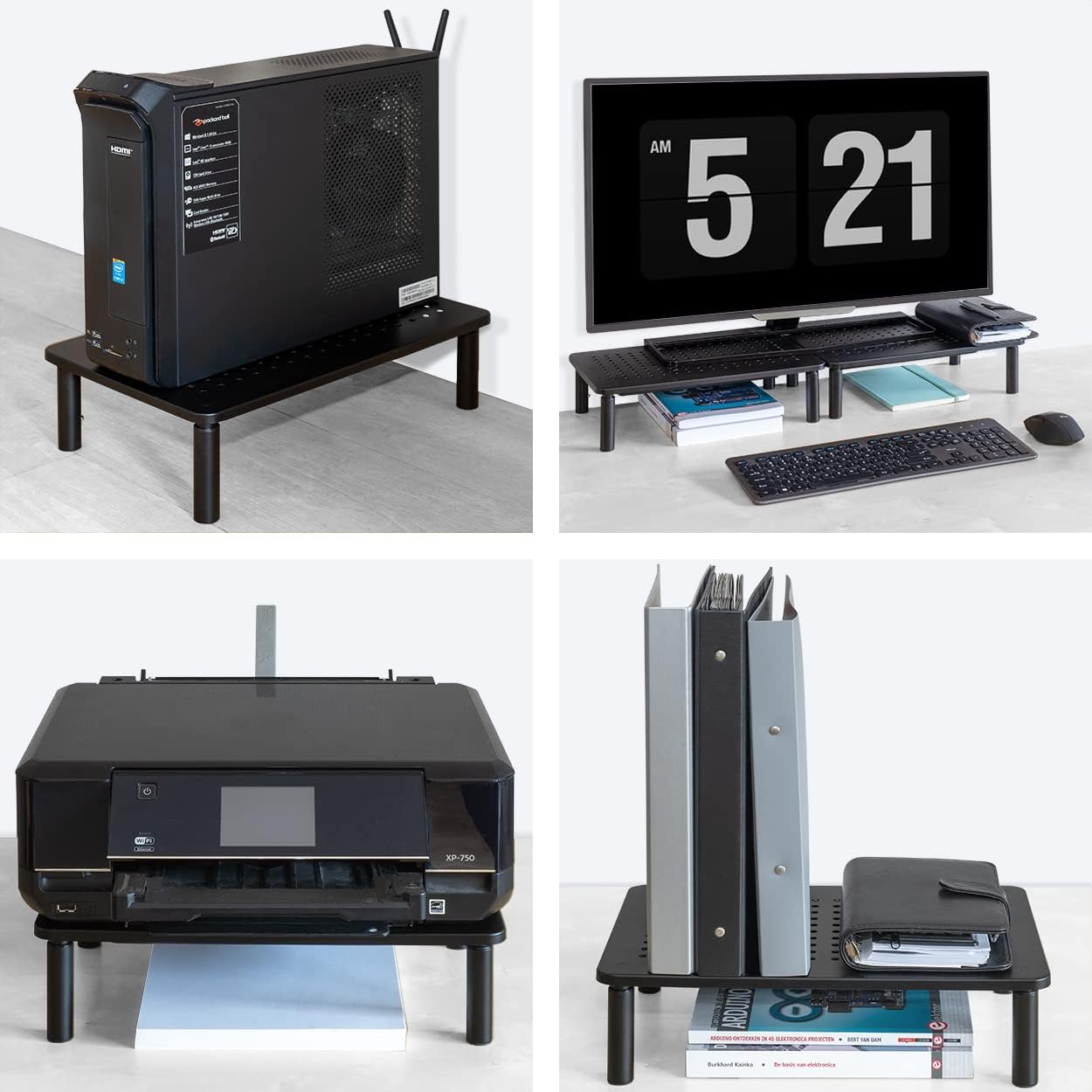 Four images showing the monitor stand used for a PC tower, two monitors with keyboard, a printer, and books/binders