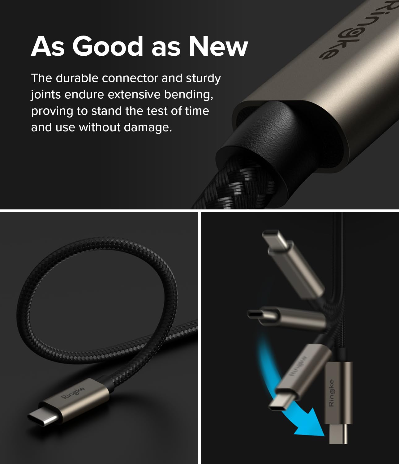 Ringke Câble USB C vers USB C, USB 3.2 Gen 2 x 2 USB-C 90 degrés, vitesse de transfert de données 20 Gbit/s, nylon tressé haute densité (1 m) – Noir