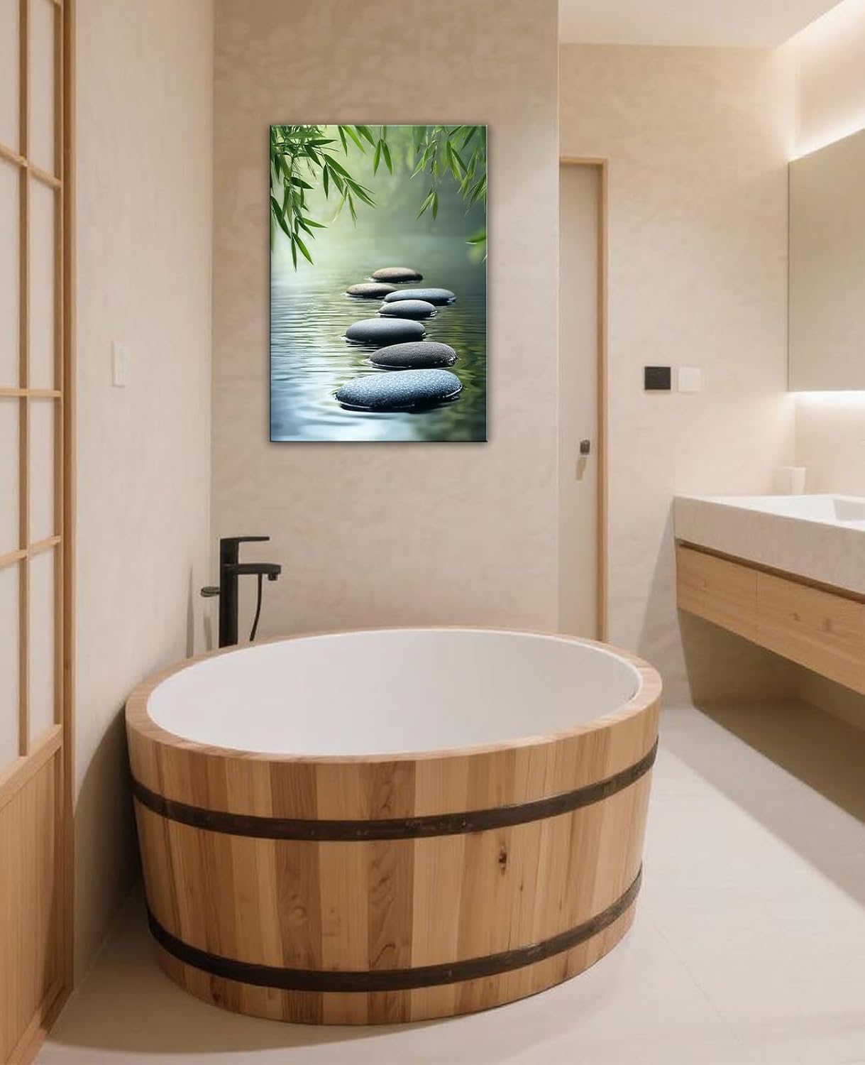 GLOKAKA Zen Canvas Wall Art Spa Stone in Water Picture Green Bamboo Painting Zen Meditation Calming Home Decor for Living Room Bathroom(Artwork-3,16"x24")