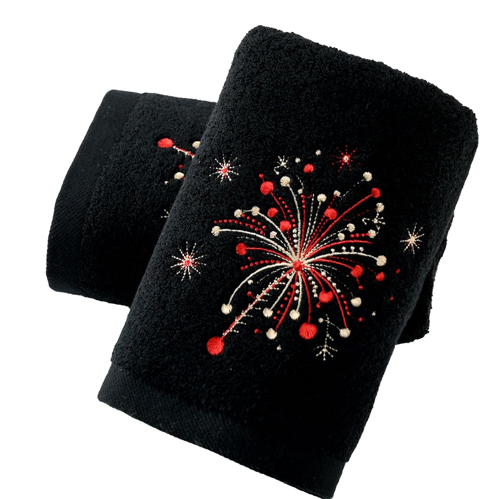 sense gnosis Black Hand Towel Set of 2 Fireworks Embroidered Decorative 100% Cotton Thick Highly Absorbent Luxury Hand Towels for Bathroom Home Spa Holidays Celebration Party 13 X 29 Inch — image 1