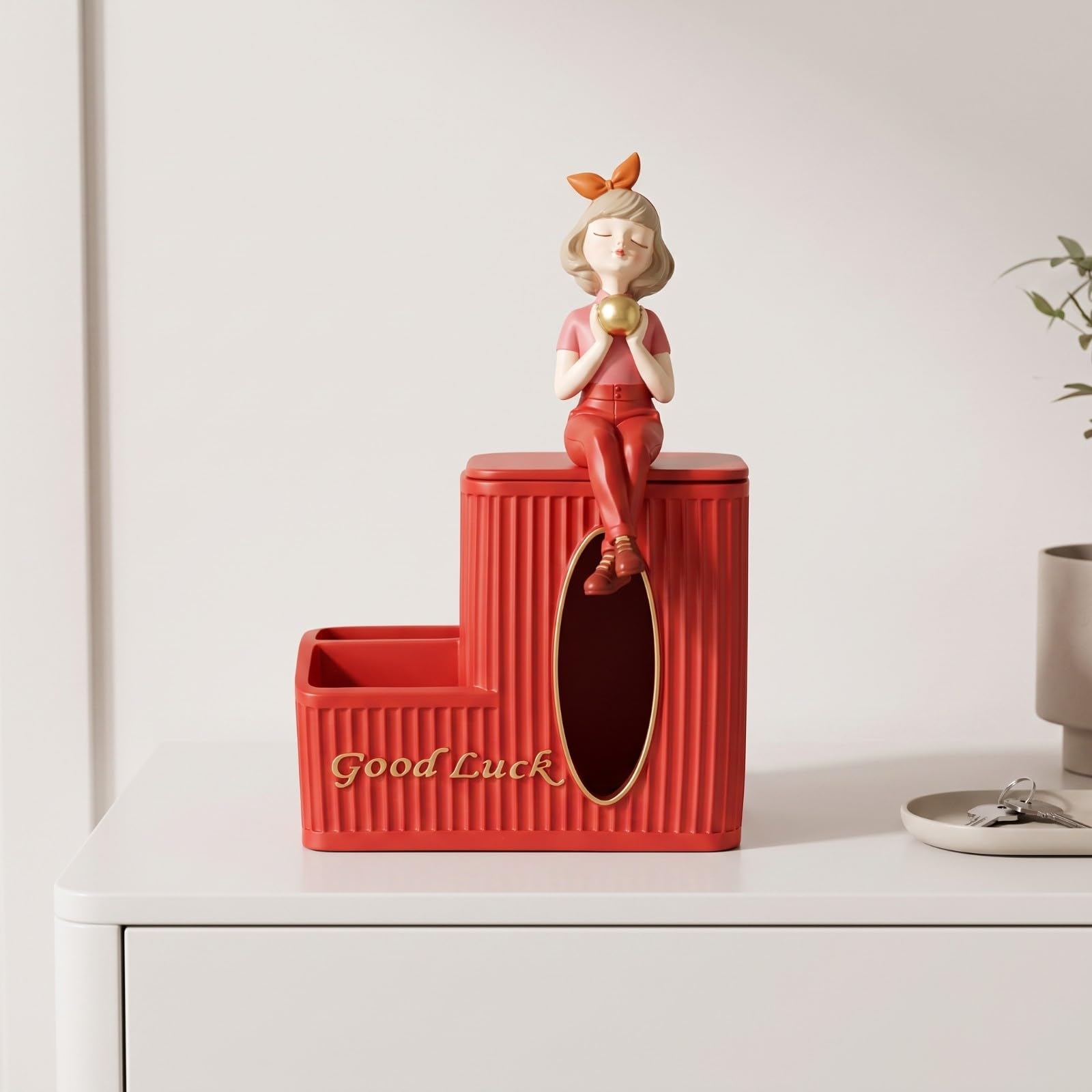 Fazzoletti da Tavolo Multifunzione Elegante, Fazzoletti in Resina con Statuina, Salvaspazio, Scatola oggetti con Scomparti, per Soggiorno, Ingresso, Rosso