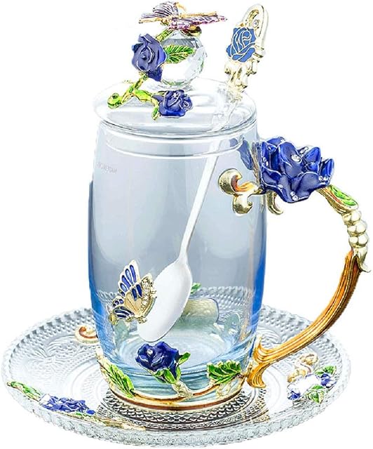 Affogato Glass Tea Cup Coffee Mug, Handicraft 3D Vintage Flower Cup with Lid Coaster and Tea Spoon, Unique Butterfly and Blue Rose Enamel Design, Best Gift Decoration (350ml, 11.84 oz)