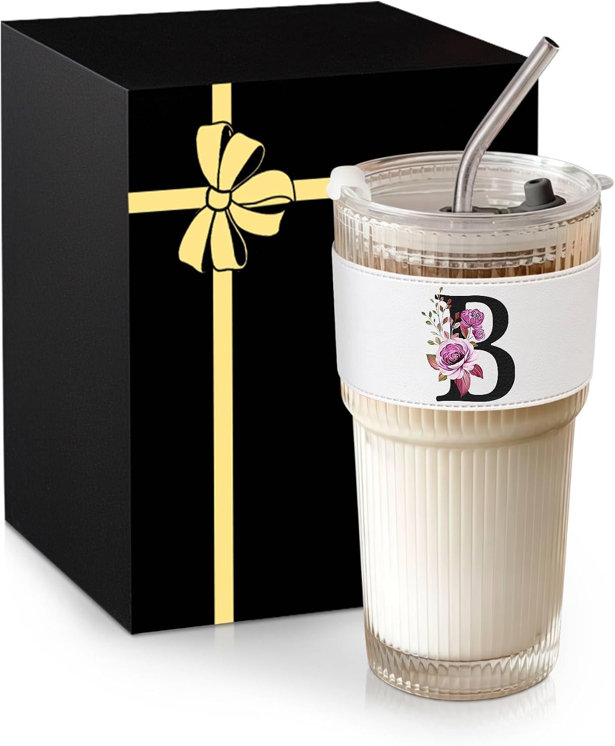 Alphabet Glass Cup with Lid Straw Ice Tea Ribbed Coffee Matcha Latte Clear Tumbler Cute Women Wife Wifey Girlfriend Gf Romantic Personalized Valentines Custom Funny Anniversary Special Day Gift B