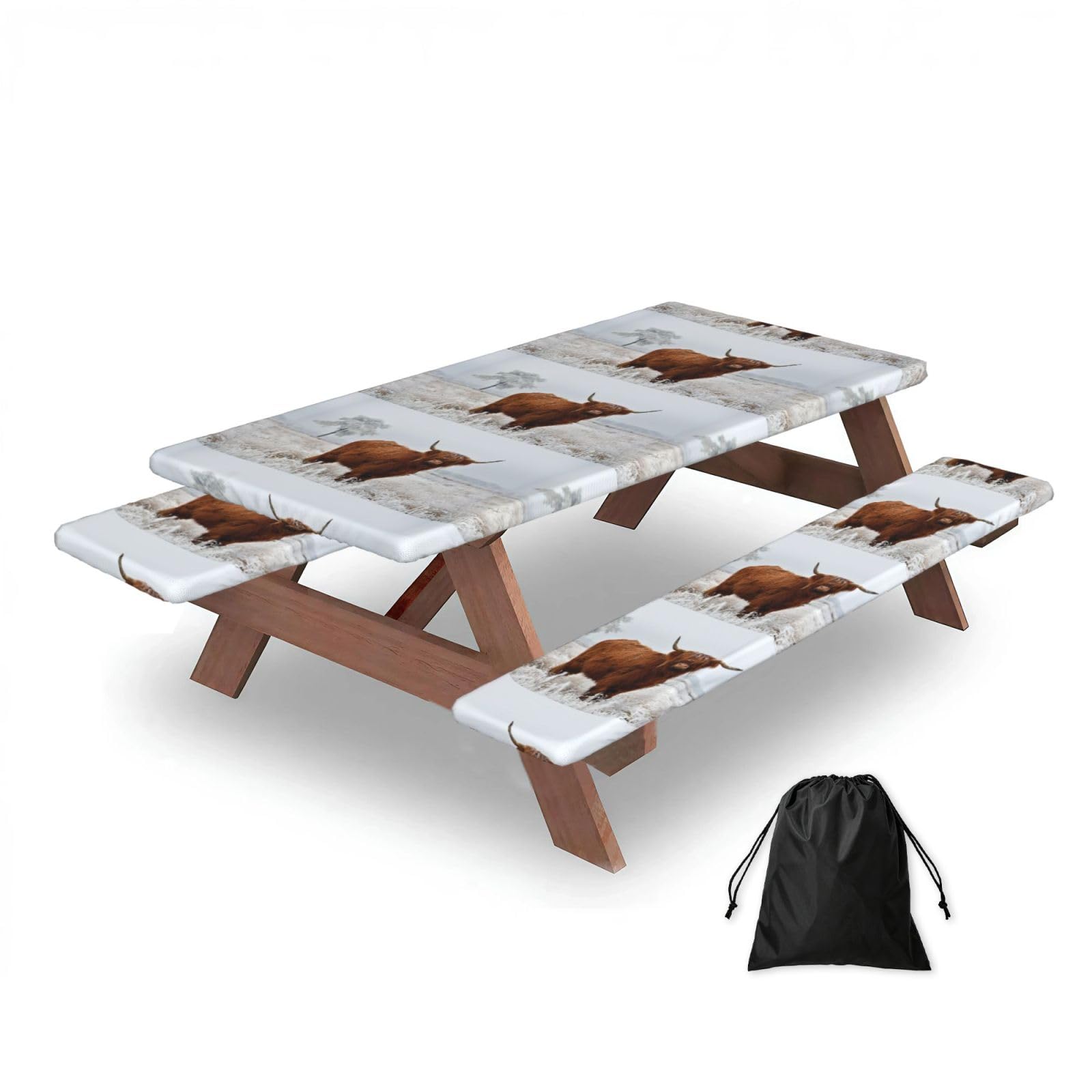 Dopklna As Picture Scottish Highlands Winter Landscape, Picnic Table Cover With Bench Covers -Waterproof Elastic Fitted Tablecloth For Garden Camping Patio 76X152cm