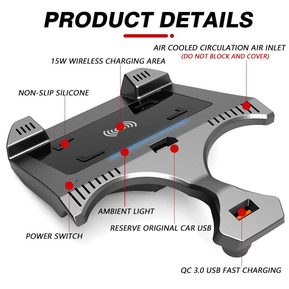 Cargador Inalámbrico Coche Auto para BMW 5 Series 2018 2019 2020 2021 Consola Central Panel, 15W Qi Carga Rápida Teléfono Cargador con QC3.0 USB para iPhone 12/11/XS/X/8 Samsung S20/S10/S9