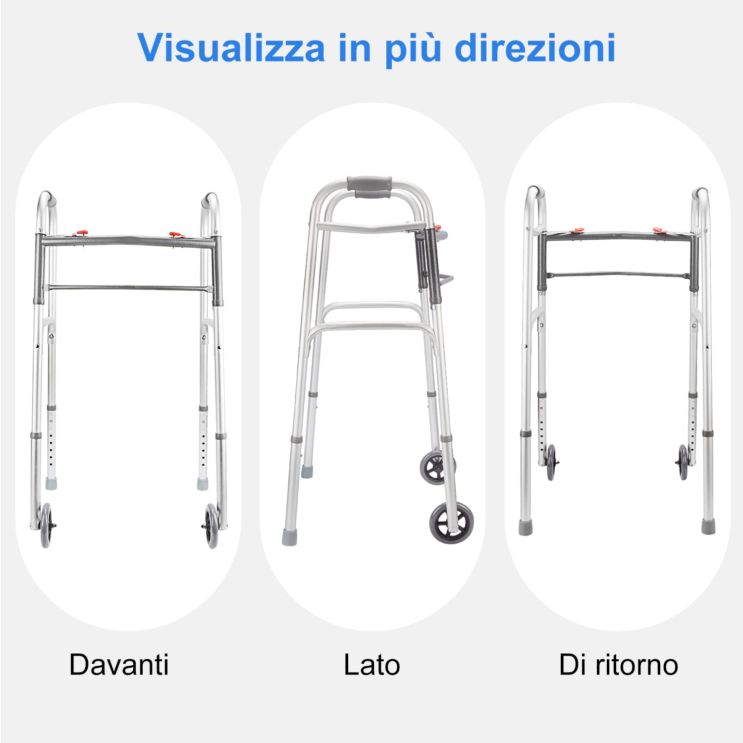 supregear Deambulatore Pieghevole Standard, Deambulatore Pieghevole Alluminio in Lega Regolabile a due Pulsanti con Ruote da 13 cm per Anziani Disabili Feriti, Supporto Fino a 226,8 kg, Argento