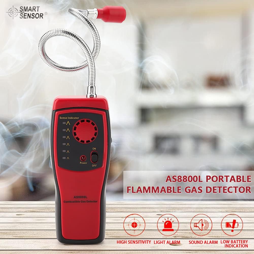 SMART Sensor AS8800L Portable Flammable Gas Detector and Natural Gas Leak Analyzer with Long Flexible Stainless Steel Probe Audible and Visual Alarms and Adjustable Sensitivity