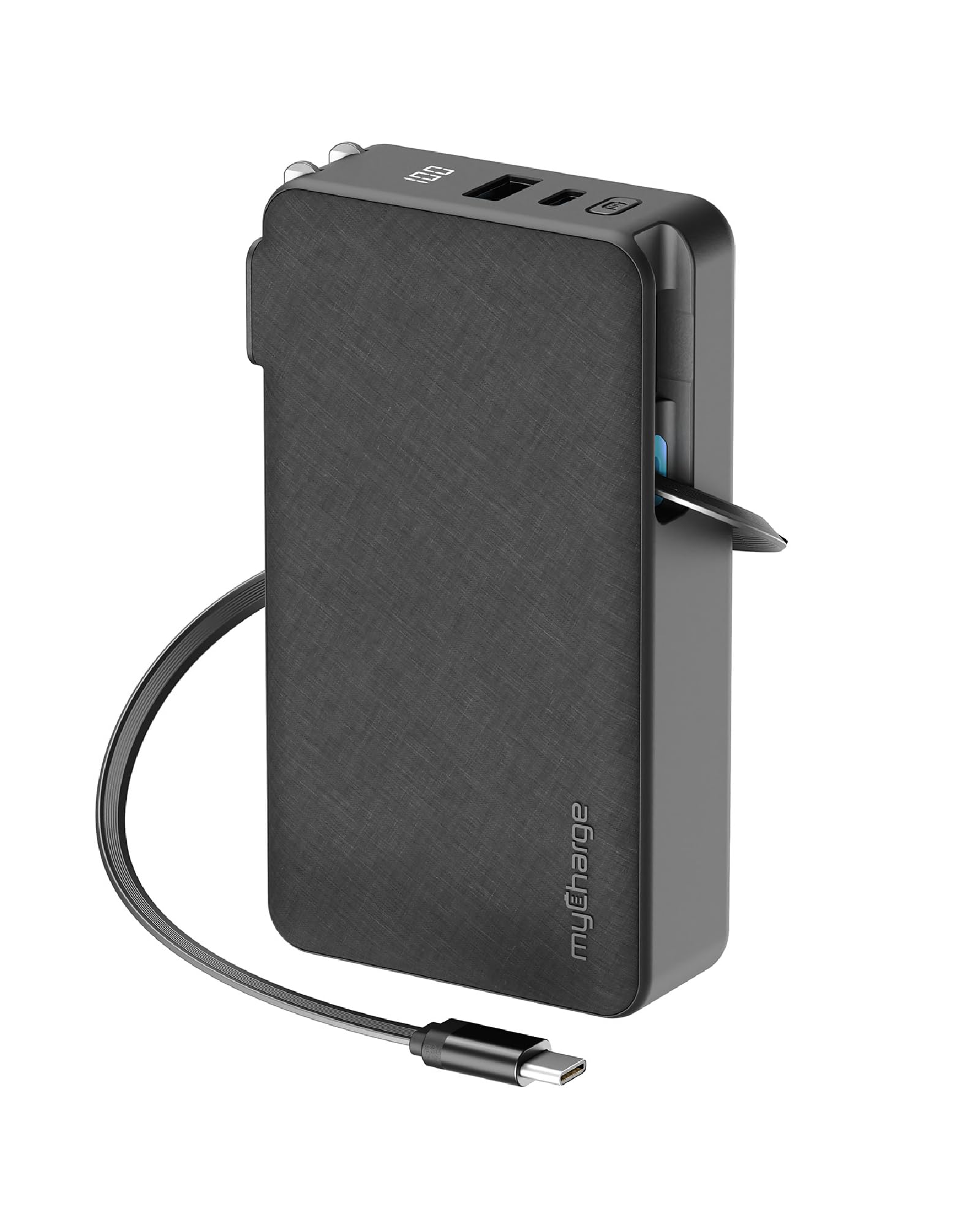 myCharge RetractaCharger 10000mAh Portable Charger Power Bank with 28-Inch Retractable USB-C Cable Premium Fabric Built-in Wall Plug 30W