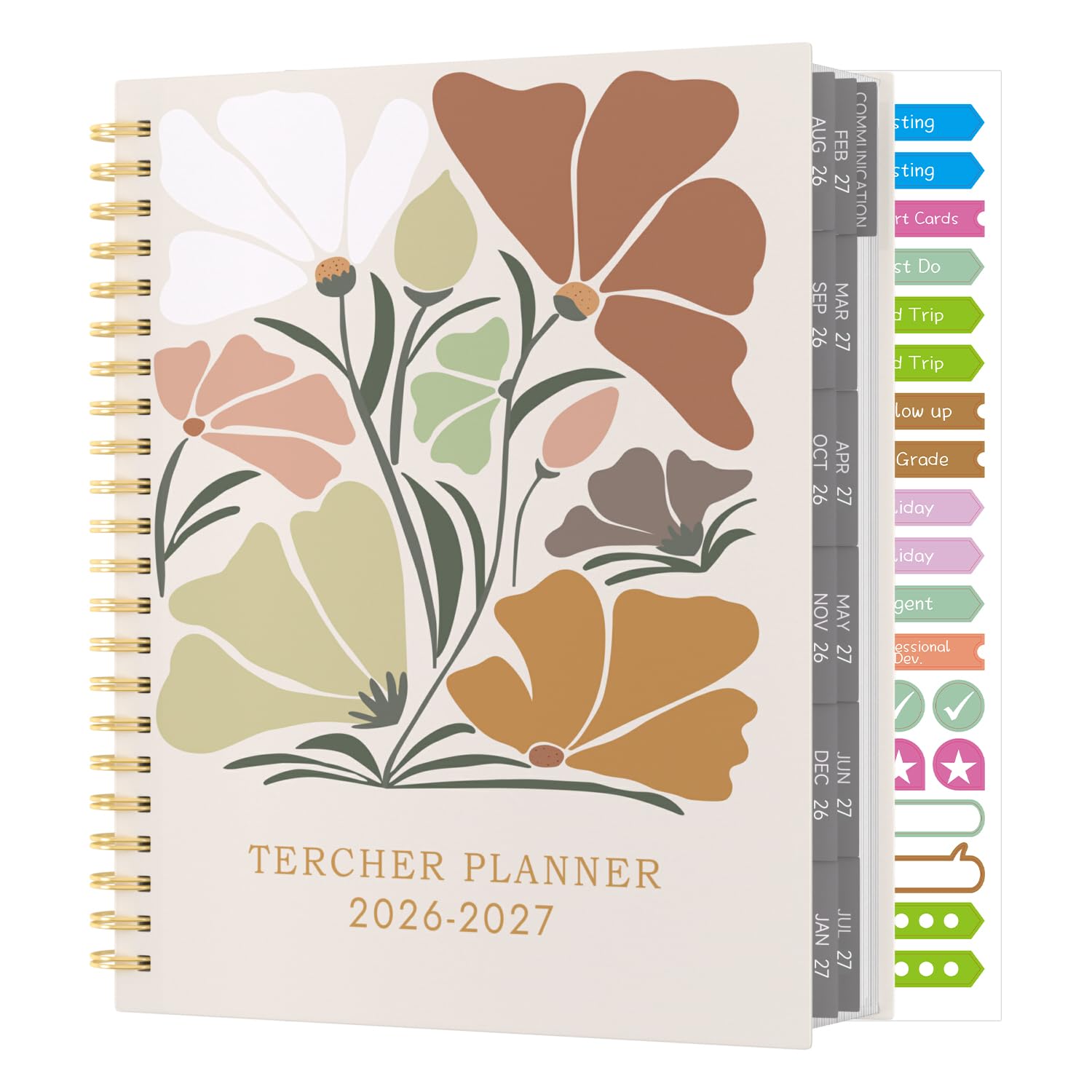 Teacher Planner 2026-2027, August 2026 - July 2027, Academic Diary Teachers Lesson Planner Book with Stickers, 8.5" x 11", Wirebound, Laminated Tabs, Pocket - Easily Organize Class Schedule - Floral