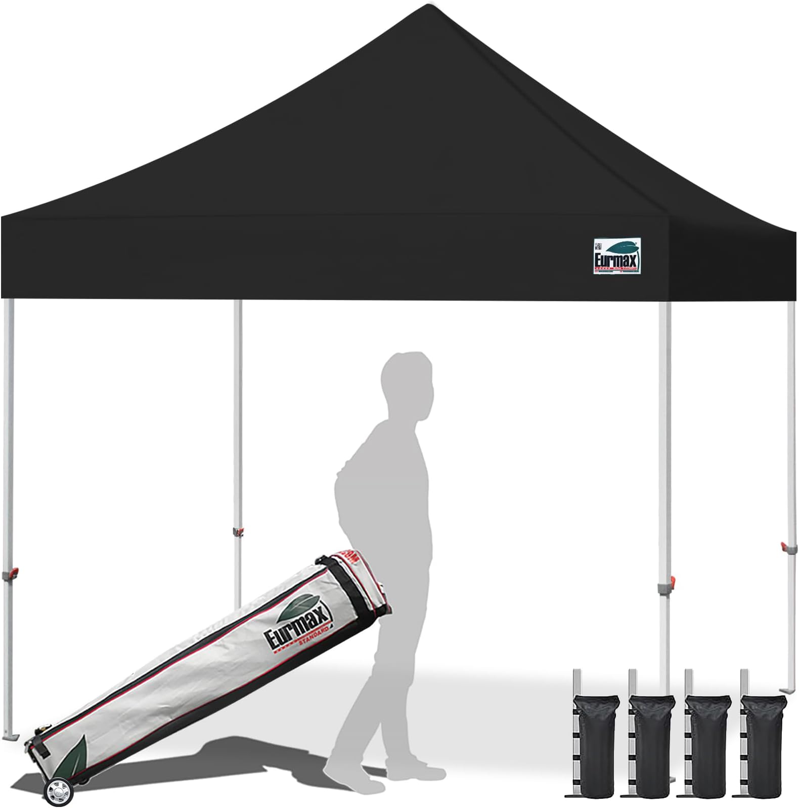 USA 10x10ft Pop Up Canopy,Commercial Instant Tent for Outdoor Events,Patented No-Tip Rolling Storage Bag with 4 Sandbags,UV & Water Resistant,Heavy Duty Portable Shelter Gazebo,Black