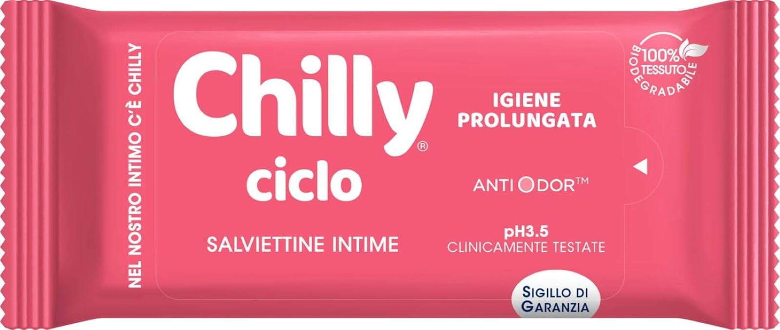 Chilly, Salviettine Ciclo, Salviette per l'Igiene Intima, Tessuto 100 % Biodegradabile, Ideali Fuori Casa, PH 3.5, Clinicamente Testato, Confezione da 12 Salviettine