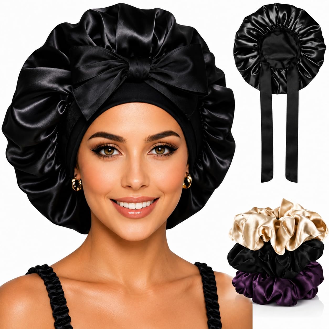 atrube Women's Satin Silk Bonnet for Hair with 3 Satin Scrunchies, Satin Bonnet for Curly Hair, Reversible Silk Hair Cap for Sleeping, Adjustable Satin Hair Bonnet, Multicolor, Large (Emerald Bloom)-picture-35
