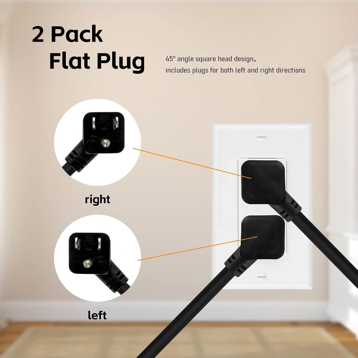 EP 10 Ft Flat Plug Short Extension Cord, Angled 90°Plug Low Profile Appliance Extension Cord Outlet Saver 16AWG 13A SJTW 3-Prong Grounded Power Strip for Indoor Office, ETL Listed Black