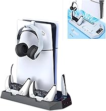 PS5 Vertical Stand, Silent Cooling and Storage Capacity, Slim/Pro Compatible, Equipped with High Rotation Fan, Charging 2 Controllers Simultaneously, Space Saving Design (Black)