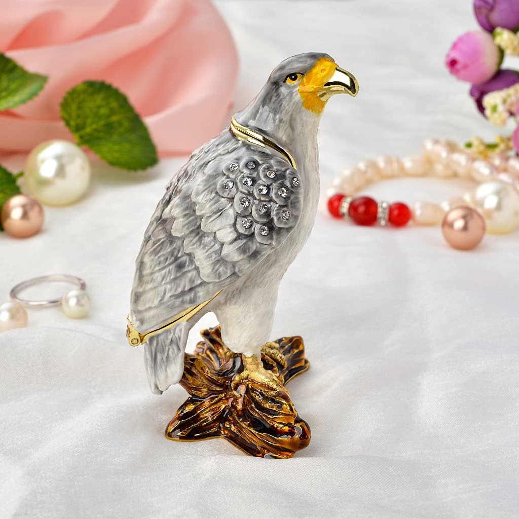 Golden Crystal Enameled Hawk Jewelry Box, Hand-Painted Hinged Bird Trinket Box, Elegant Home Décor & Unique Gift for Bird Lovers