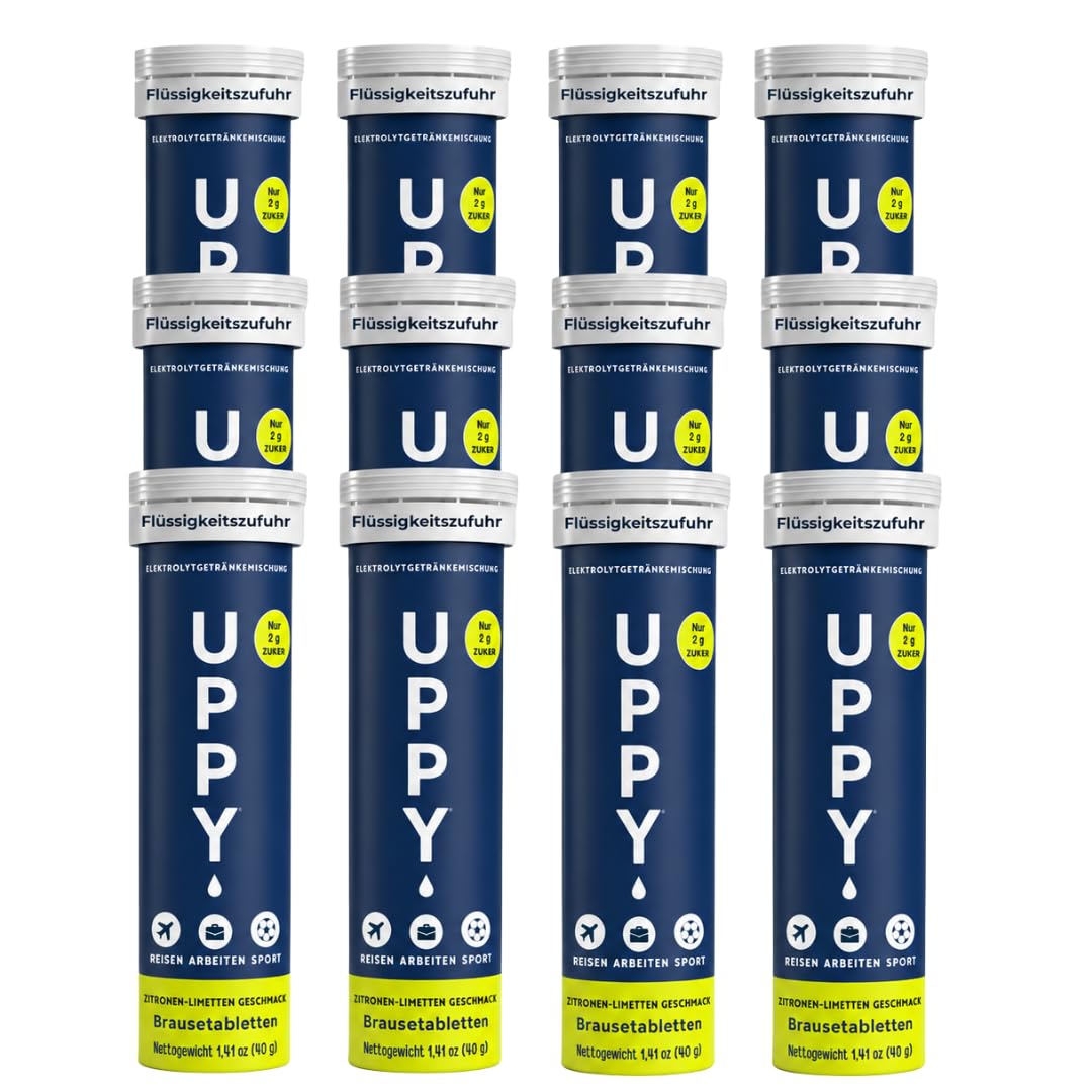 Uppy! Elektrolyte Brausetabletten Zitrone-Limette mit Ingwer, 120 Tabletten (12 x 10), löslich in Wasser, für Reisen & Sport