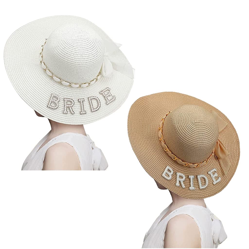 Sombrero de sol Bride to Be, sombrero de paja, bolsa de gafas de sol, perlas delicadas para novia, despedida de soltera, decoración de fiesta, regalo, beige, talla única