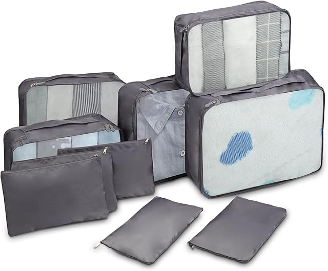 Travel Packaging Cube Packing Cubes 10 Different Sizes Travel Luggage Packing Organizers Pouches Travel Bags Suitcase Organizer Bags (10 Piece, Grey)