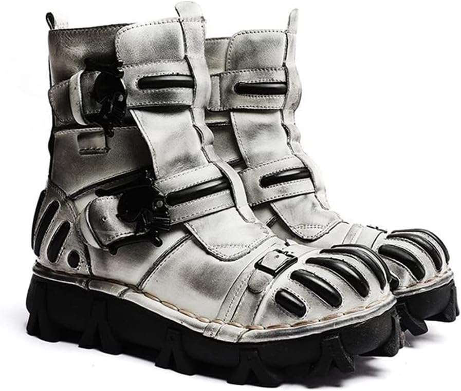 Vintage Skull Leather Mid-Top Boots, Fashion Outdoor Military Ankle Lace-Up Hiking Shoes