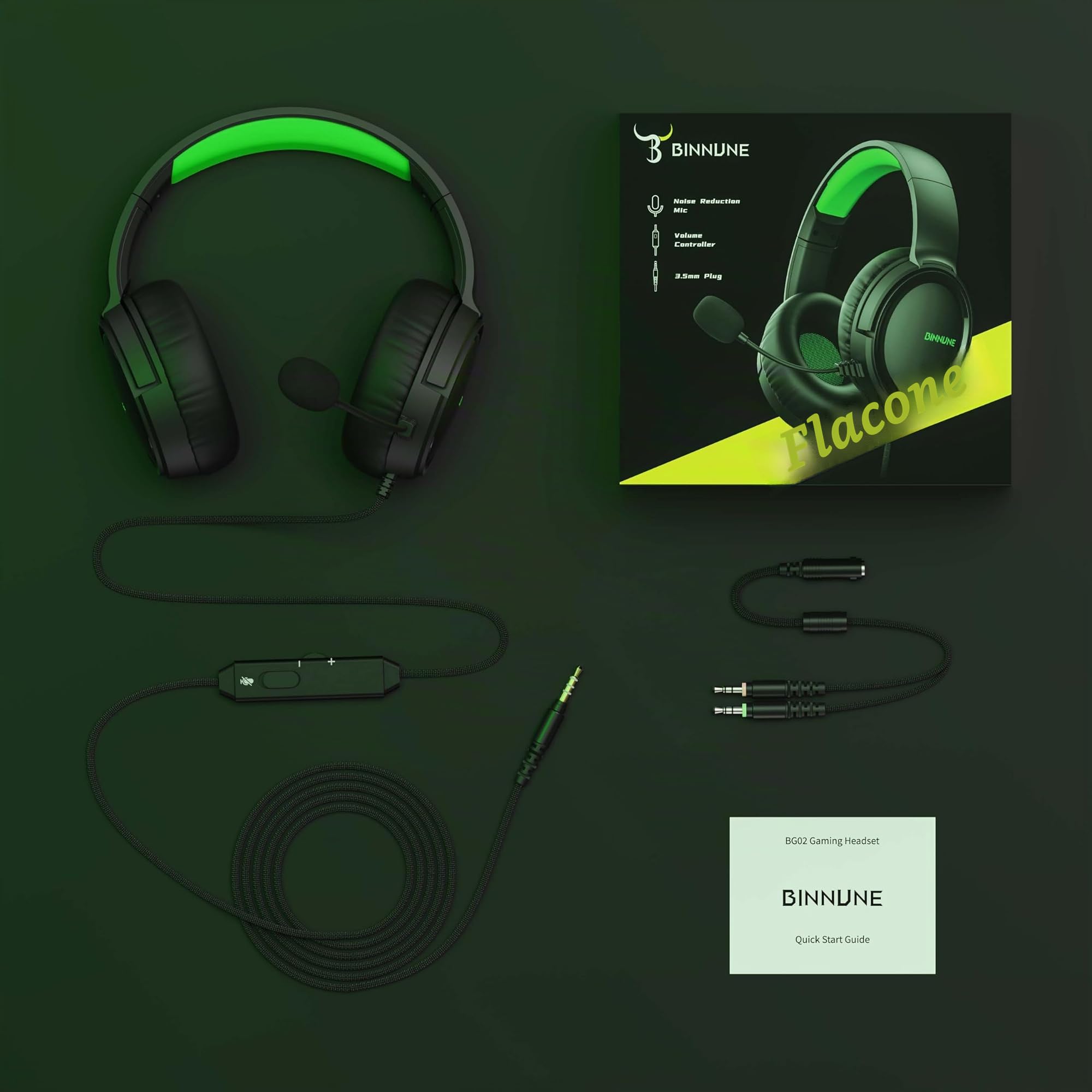 BINNUNE BG02 Cuffie Gaming per PS5, PS4, PC, Xbox, Nintendo Switch, Microfono, Audio Stereo, con Cancellazione Del Rumore con Filo - Verde