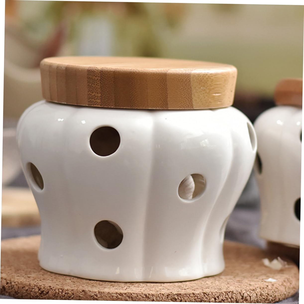 Cabilock Ceramic Garlic Keeper Lid Hollow Ventilated Garlic Storage Container for Kitchen to Keep Cloves Fresh Longer