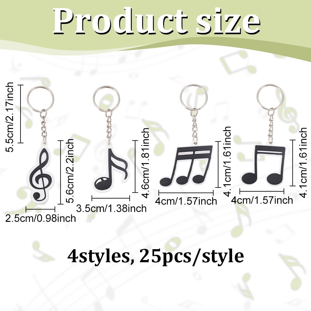 FREEBLOSS 100 llaveros de notas musicales, 4 estilos de PVC, colgantes para bolsa de regalo de fiesta para profesores y amantes de la música
