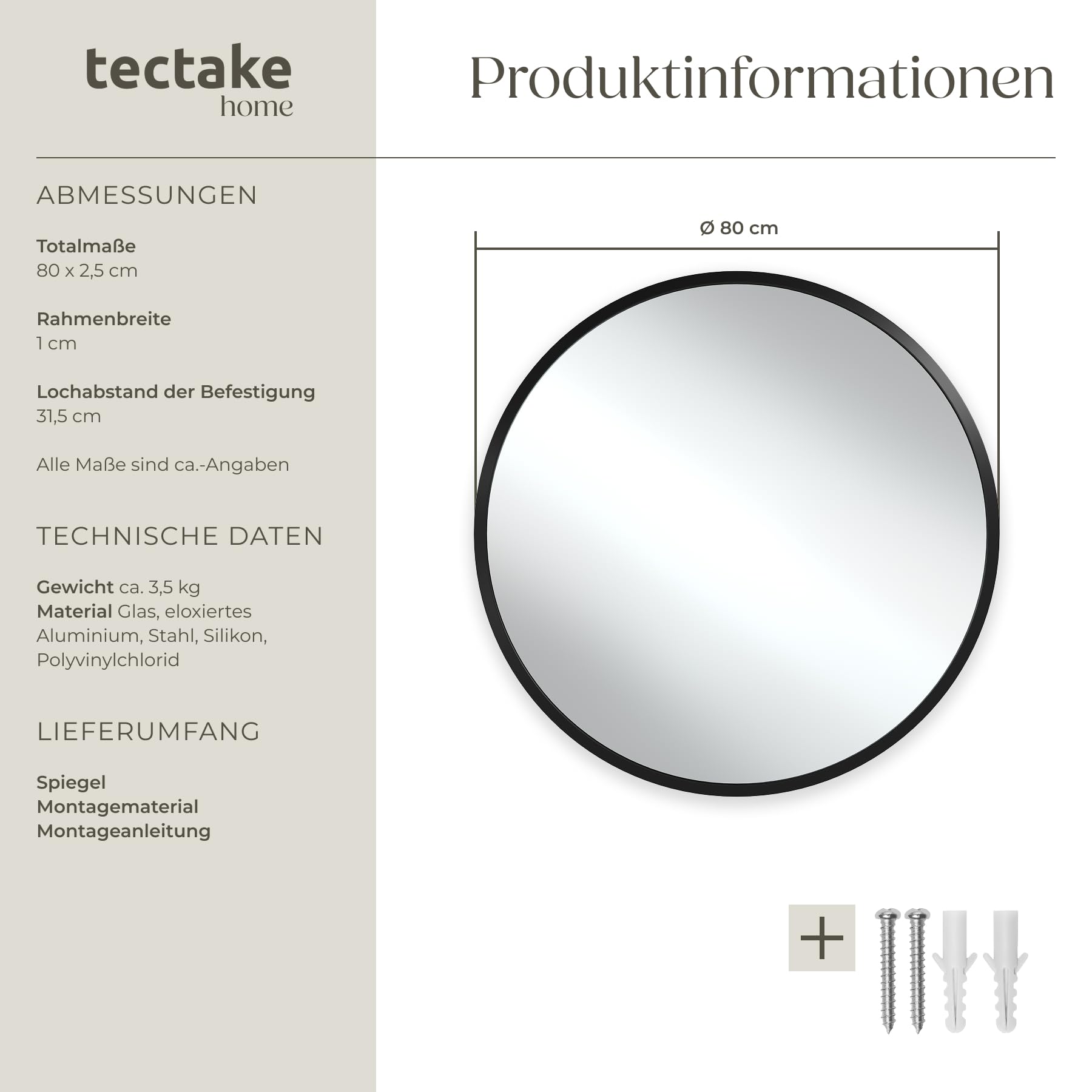 tectake® Spiegel rund schwarz, Wandspiegel modern, Badspiegel, Wanddekoration Wohnzimmer, Boho Deko Schlafzimmer, runder Badezimmerspiegel, Flurspiegel, Gäste WC, Spiegelaufhängung - Ø80 x 2,5 cm