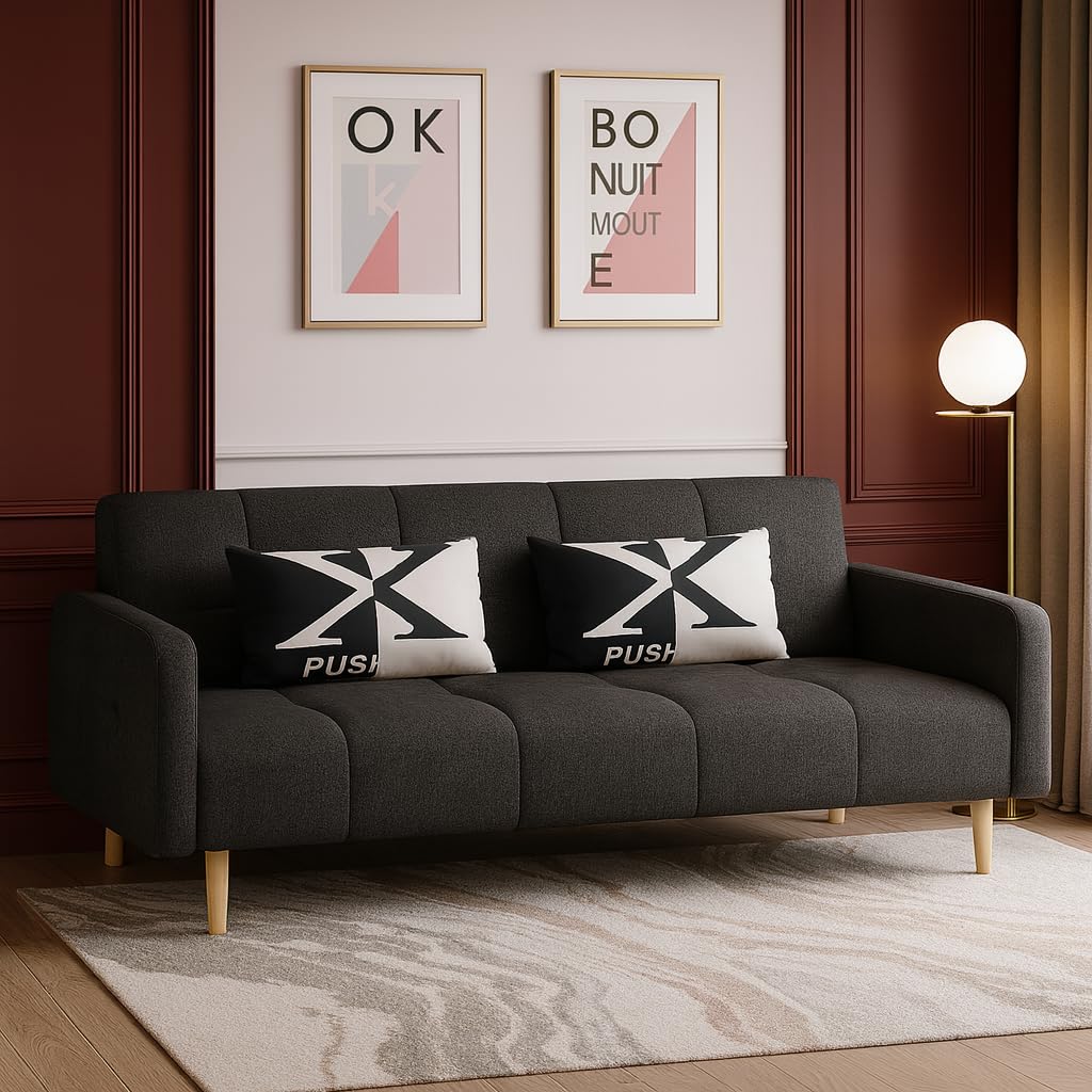 Karnak 2 Seater Sofa, Upholstered Couch for Living Room, Modern Sofa with Linen Tufting & Wooden Legs Couch for Living Room Color (Grey)