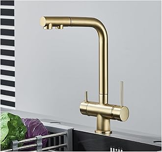 Chrome Brass Pull Out Filtered Kitchen Faucet Dual Handle Hot Cold Drinking Water 3-Way Filter Purification Mixer Taps(Color:Brushed Gold)