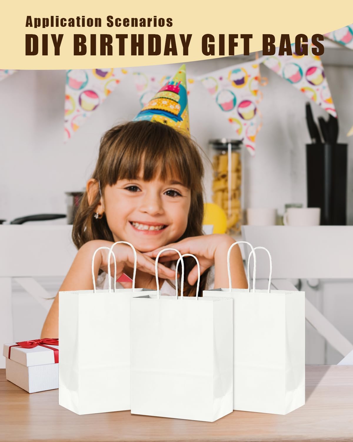 Bakepacker 60 sztuk małych torebek papierowych na prezenty z uchwytami luzem 21 cm x 15 cm x 8 cm białe torby na zakupy typu kraft