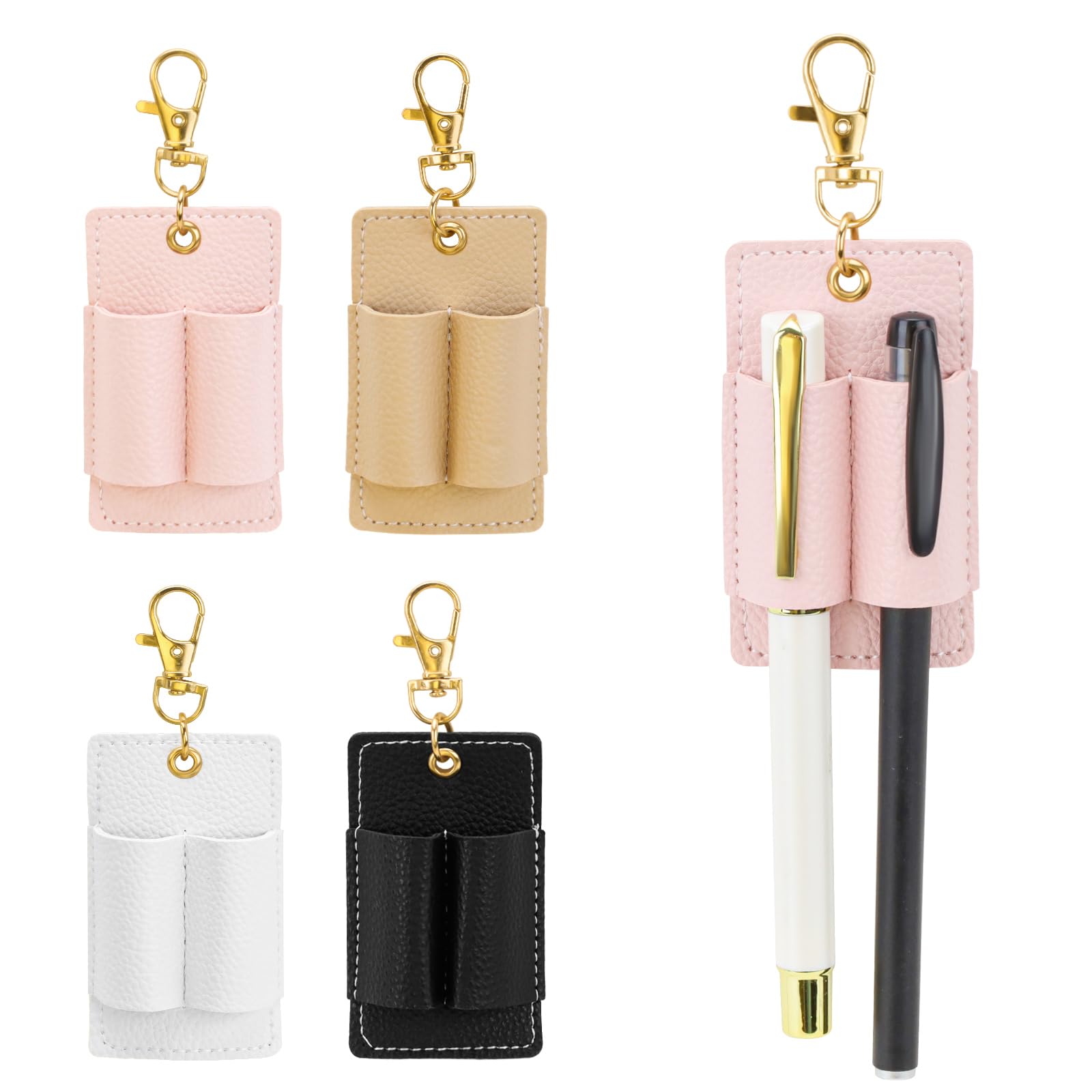 LELE LIFE 4 Pack Double Pen Holder for Lanyard, Anti-Lost Pen Clip for Retractable Badge Reel & Neck Lanyard, Pocket PU Leather Keychain for Nurse Clerk, 4 Colors